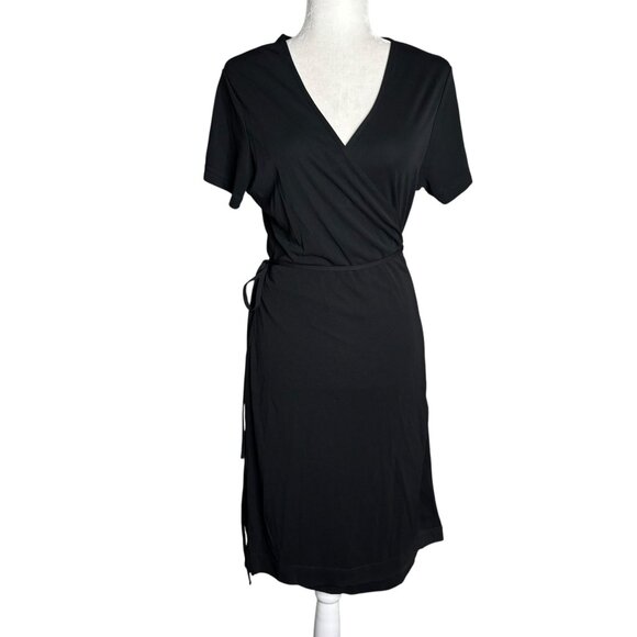 Gap Factory Full Wrap Dress Large Black Short Sleeve Tie Waist Rayon Stretch - Picture 1 of 7